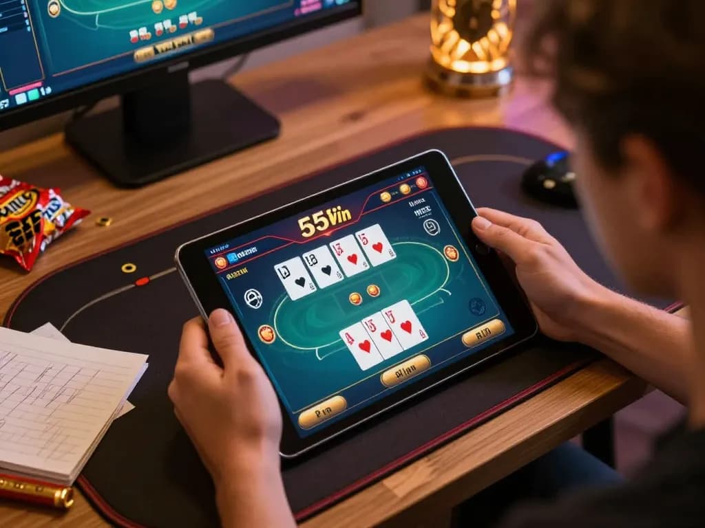 Engaged player on 555win using a tablet for poker, showcasing strategic gameplay at home.