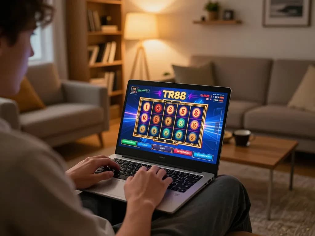 Player enjoying TR88 online gaming with spinning slots in a cozy home setting.