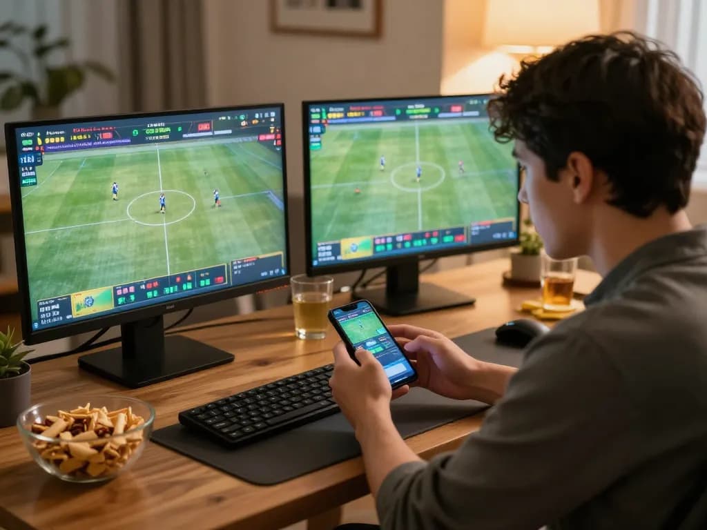 Player placing bets on sports events using xo88 app on smartphone while watching live games at home.