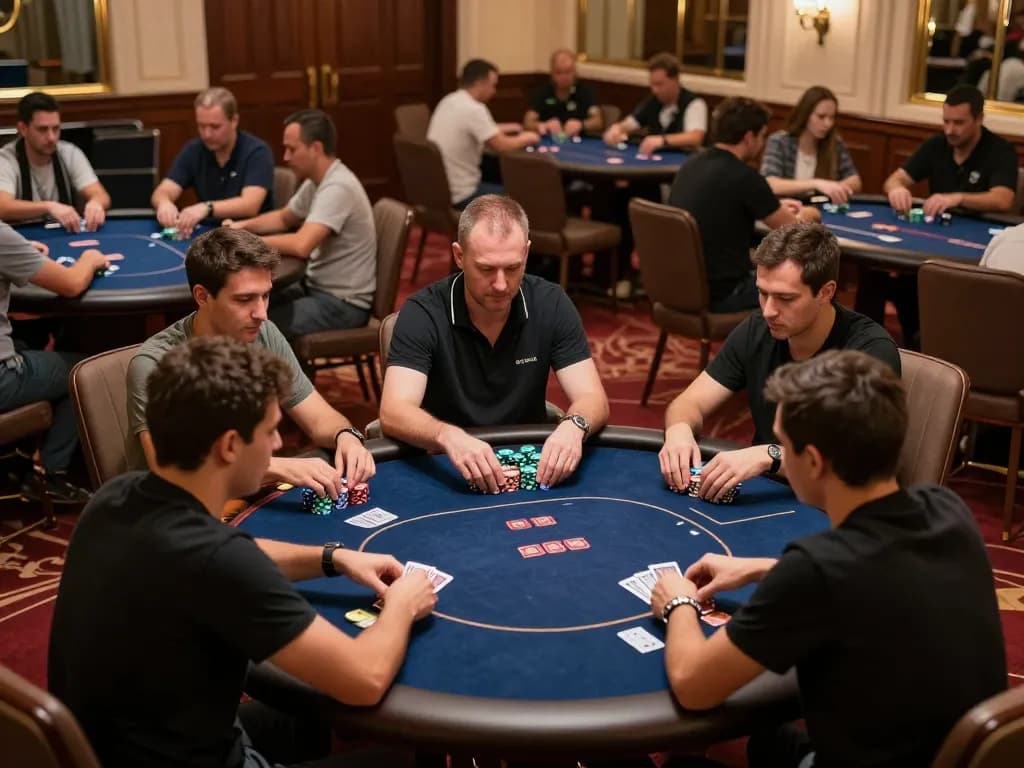Players engaging in a high-stakes poker game at mm88, showcasing strategy and camaraderie in an upscale setting.