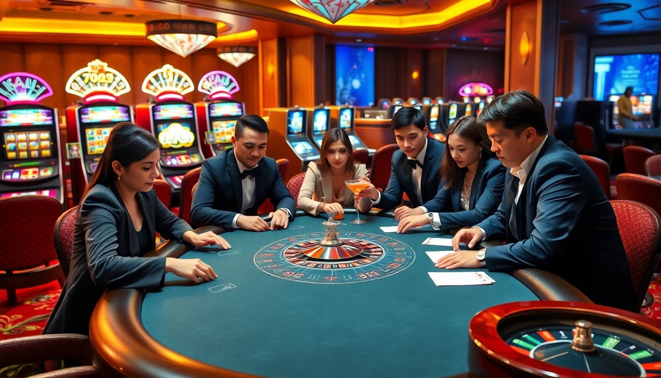 Engaged players at the 789P casino poker table, embodying the excitement of high-stakes gambling.