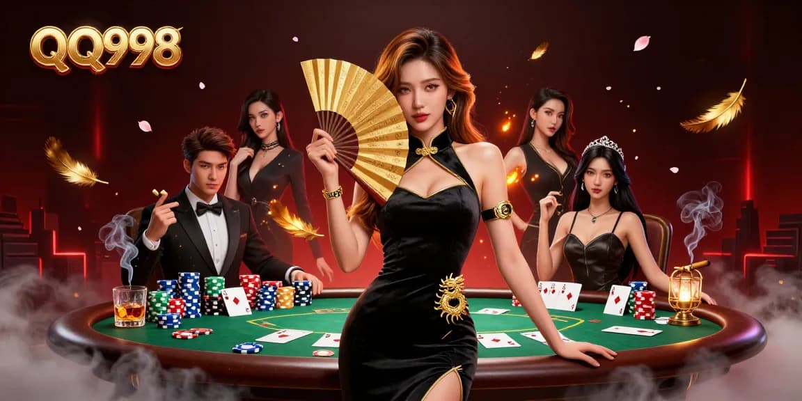 Experience the excitement of QQ998 with this dynamic casino illustration showcasing poker elements and alluring visuals.