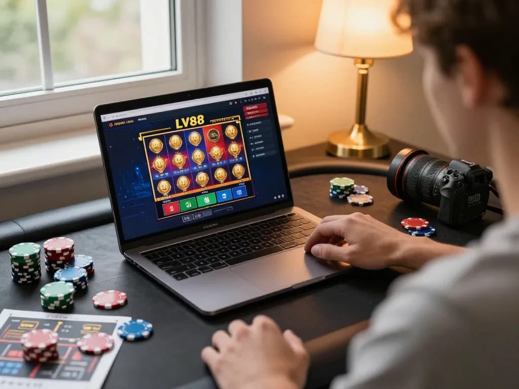 Player strategizing gameplay at LV88 online casino with laptop and poker chips visible.