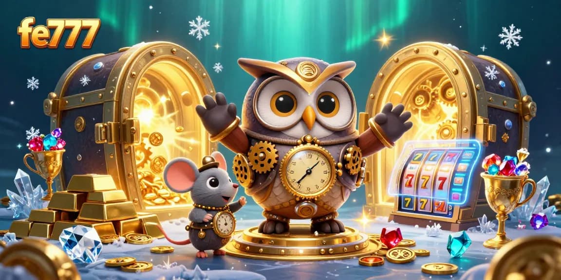 Rasakan petualangan slot mendebarkan di fe777 dengan karakter kartun di tengah harta karun dan visual kasino.