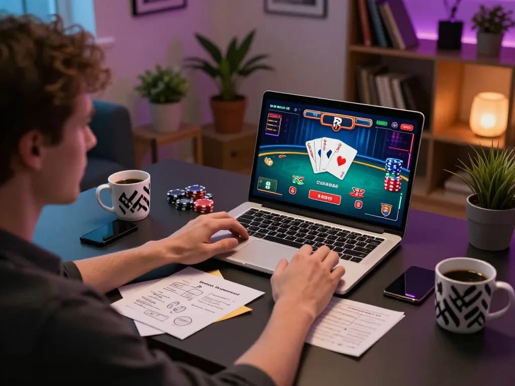 mm88 player actively strategies poker game on laptop while managing bankroll with notes, cozy workspace.