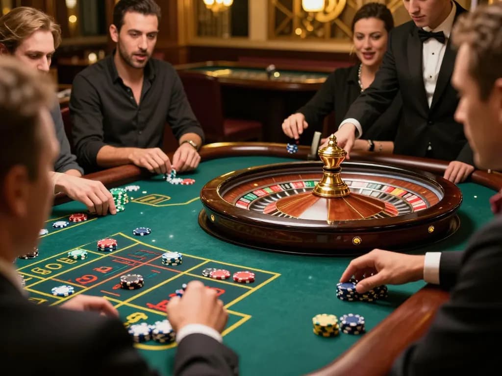 Players engaging in strategic betting at the SC88 roulette table in a luxurious casino atmosphere.