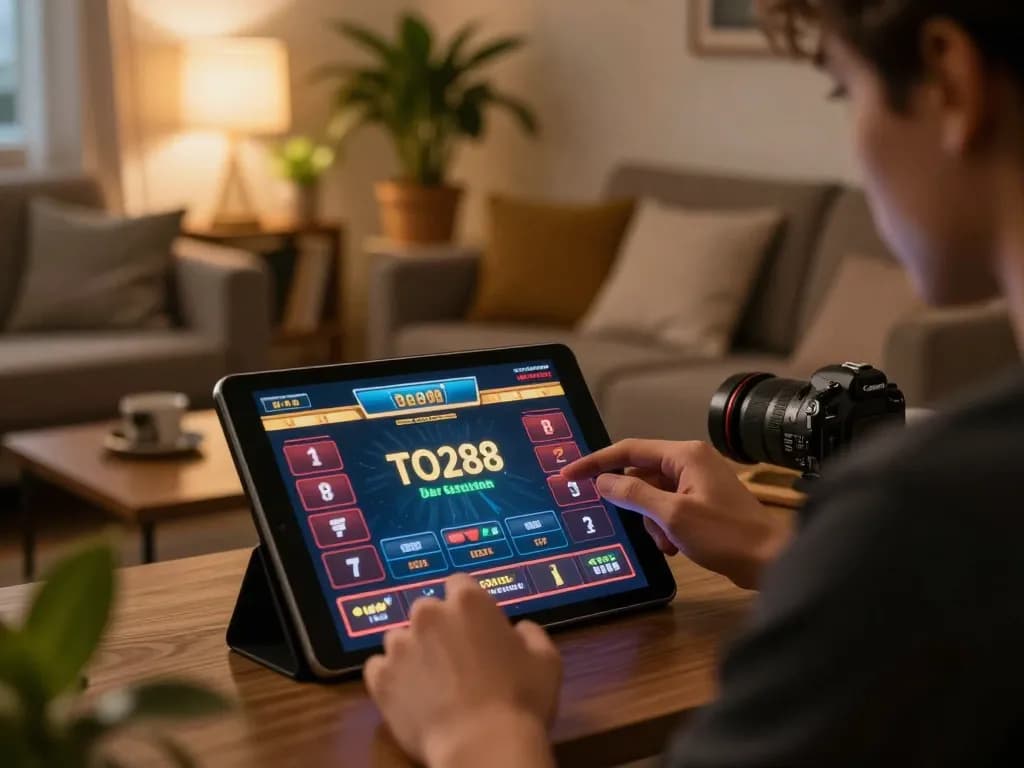 Player engaging with TO288 on a tablet in a cozy setting, showcasing online gambling experience.