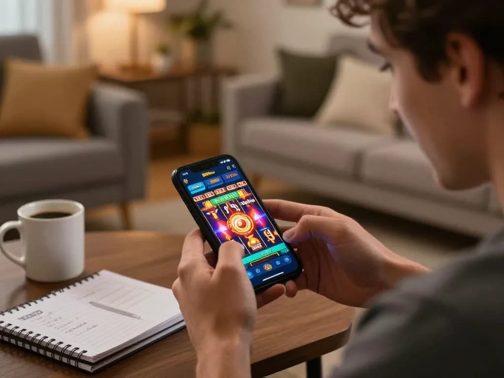 Engaging player using the 888New casino app on smartphone, surrounded by strategy notes in cozy living room.