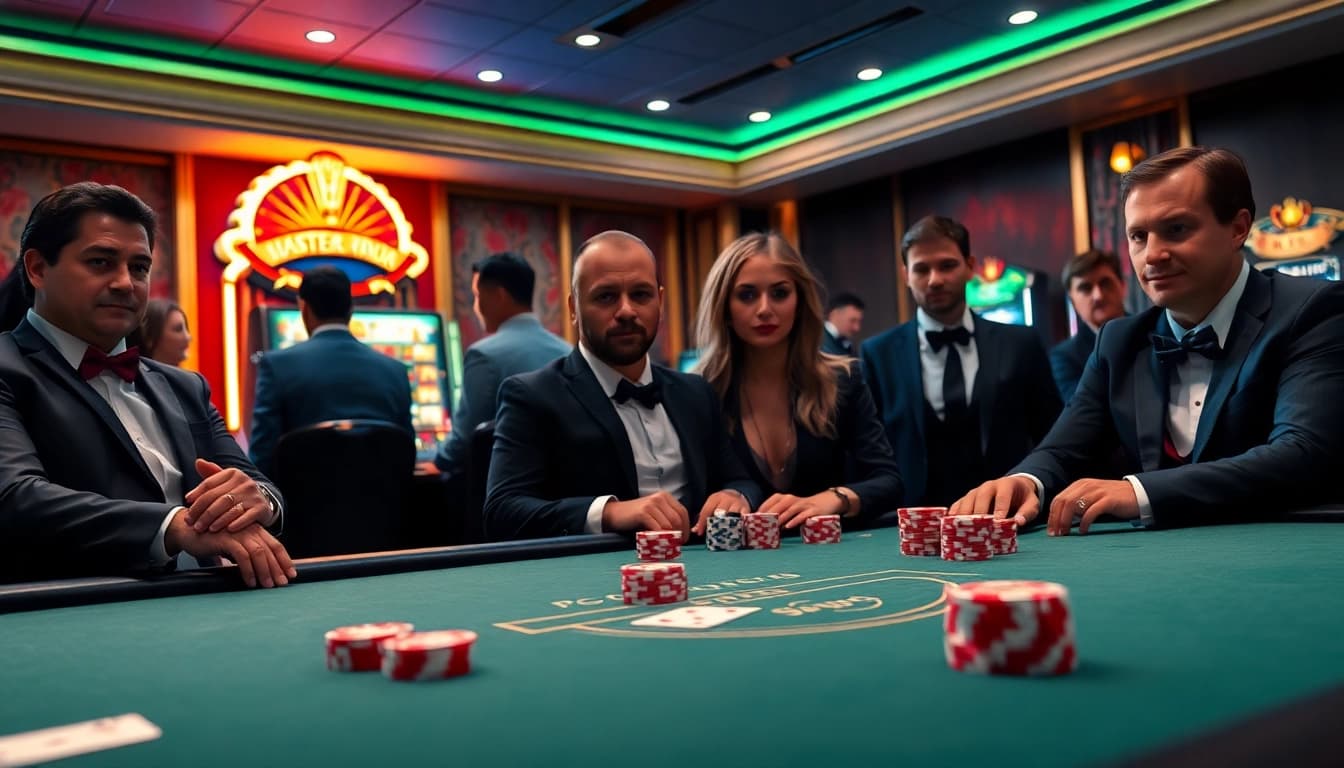B52 casino scene featuring thrilling poker gameplay and vibrant slot machine excitement.