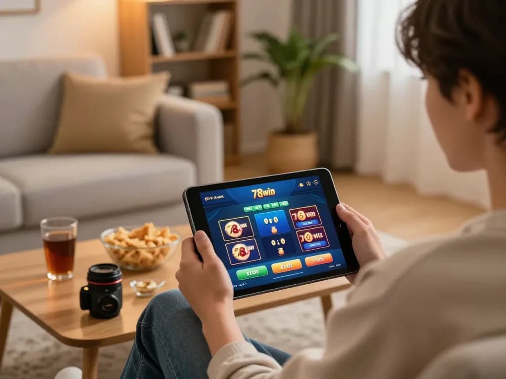Player enjoying online gaming experience at home with 78win app displayed on tablet.