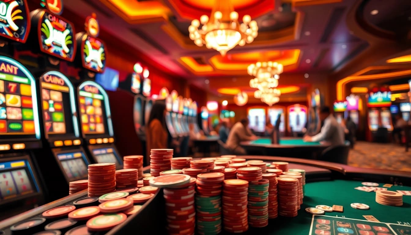 Engaging scene with casino bonuses highlighted among vibrant gaming tables and excited players.