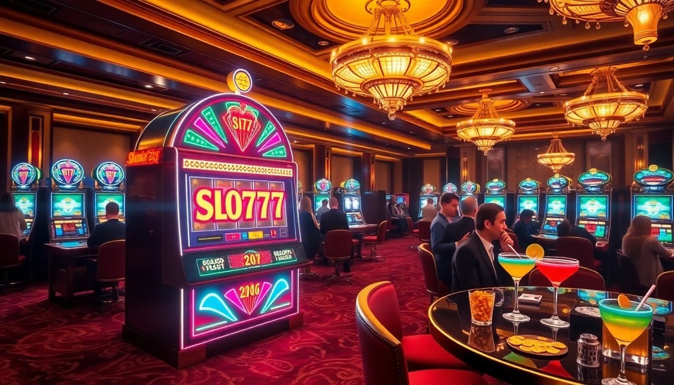 Spin the vibrant Slot777 machine in a lively casino atmosphere, showcasing excitement and luxury.