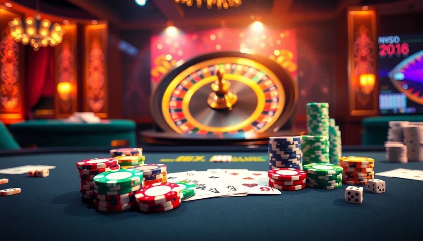 Lô Đề Trực Tuyến thrills at a vibrant online casino table with poker chips and a roulette wheel.