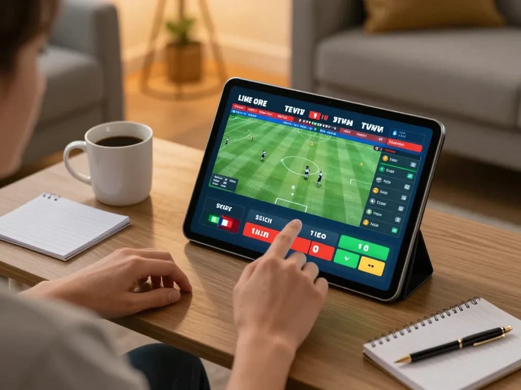 Engaging in sports betting on link gg88 with a tablet, showcasing live odds and strategic notes.