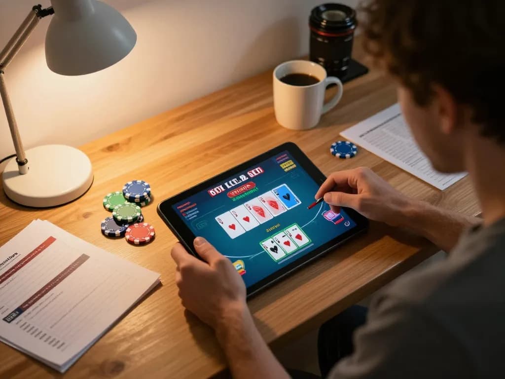 Sesi poker online yang menarik di tablet yang menampilkan strategi di https://revjeffhood.com/me/ di kantor rumah yang nyaman.