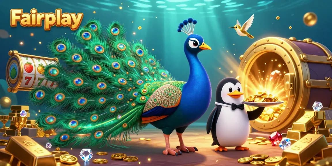 Experience thrilling slots with Fairplay in this vibrant 3D scene featuring fun characters and dynamic casino elements.