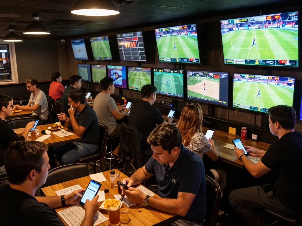 Patrons engaging in sports betting using mobile apps in a lively BK8 sports bar.