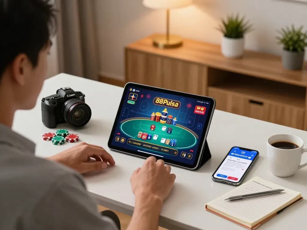 Orang yang bermain poker di tablet dengan aplikasi 88Pulsa di pengaturan rumah yang nyaman, menunjukkan strategi permainan online.