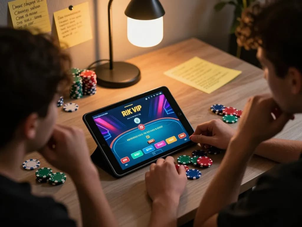 Engaging online gaming session with RIK VIP poker interface displayed on tablet, chips placed expertly.