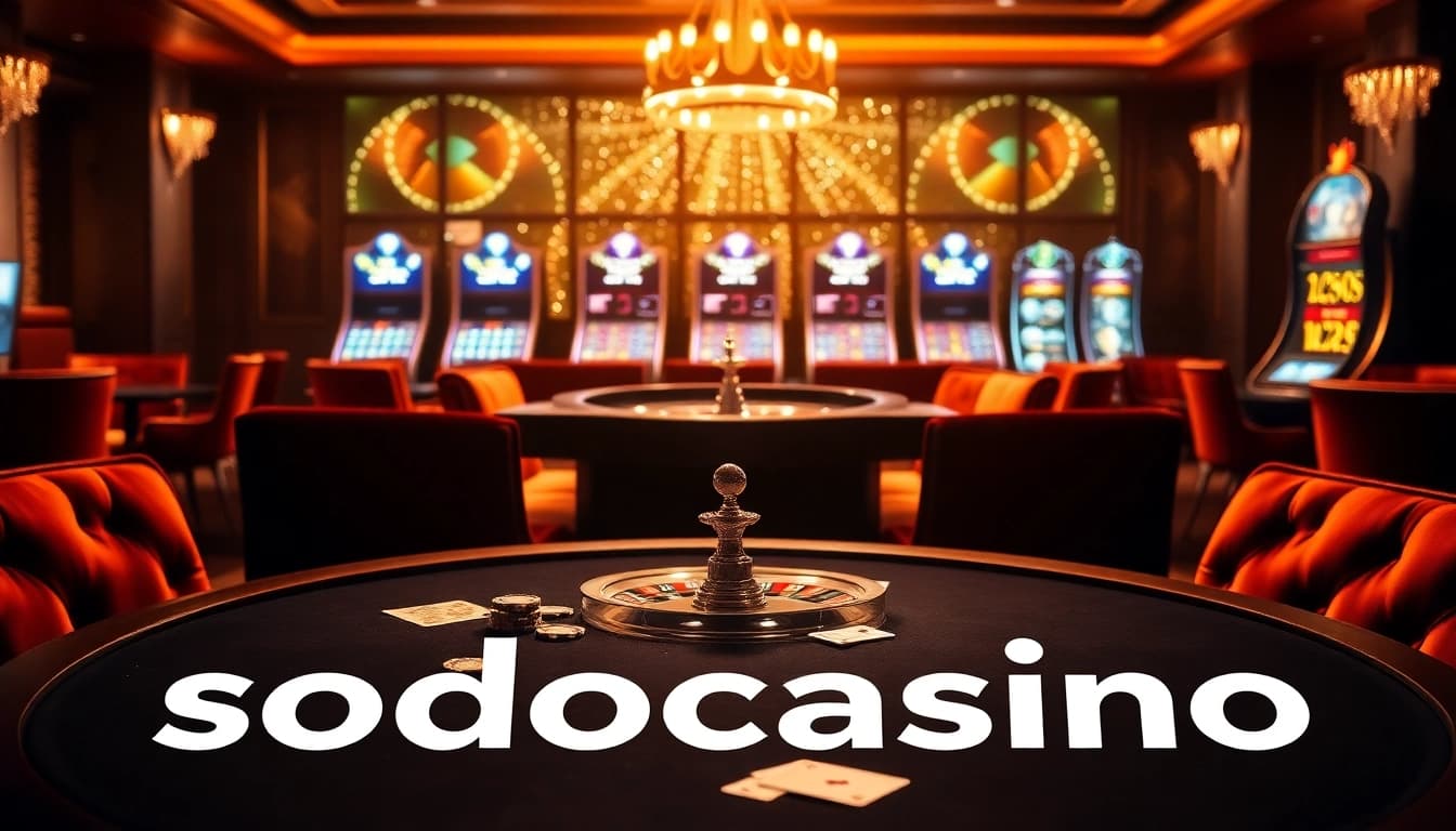 Sodocasino showcases a vibrant casino scene with poker chips and roulette wheel for an exciting gaming experience.
