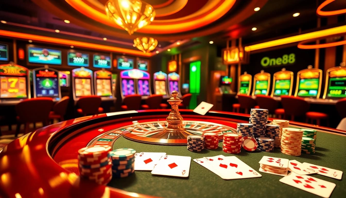 Experience the thrill of gambling at one88 with vibrant casino tables and dynamic gaming elements.
