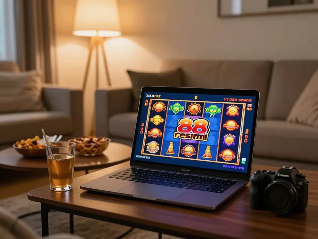 Player immersed in online casino gaming on a laptop with slot88 resmi gameplay displayed