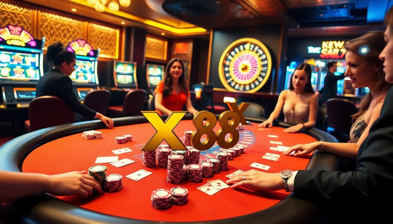 Players enjoying a thrilling game of blackjack at the XX88 casino, surrounded by vibrant poker chips and slot machines.
