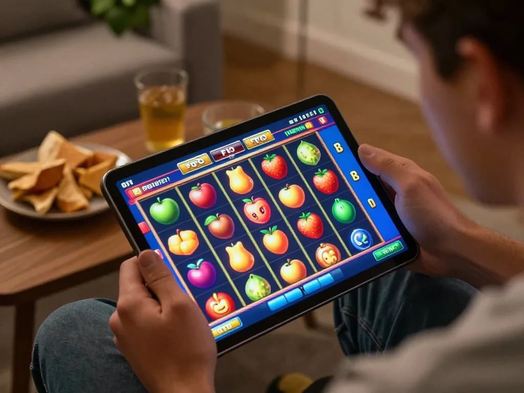 Engaging in slot toto gameplay on a tablet with colorful reels spinning in a cozy setting