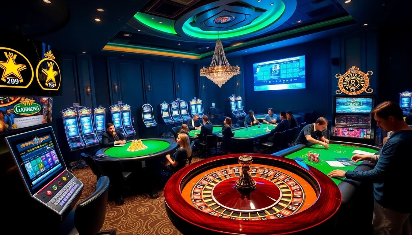 Experience the thrilling action of Go 99 at a luxurious casino with vibrant slot machines and engaging players.
