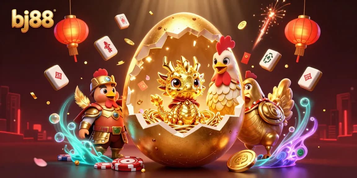 Place bets at BJ88 on a vibrant scene with a golden dragon and poker chips.