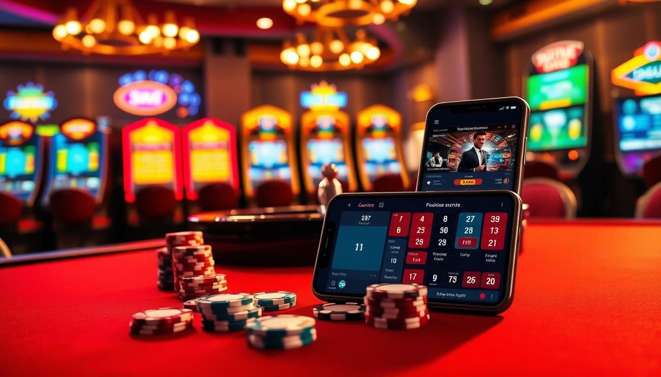 KQBD users enjoying live football scores while gambling at an elegant casino table with roulette and poker chips.