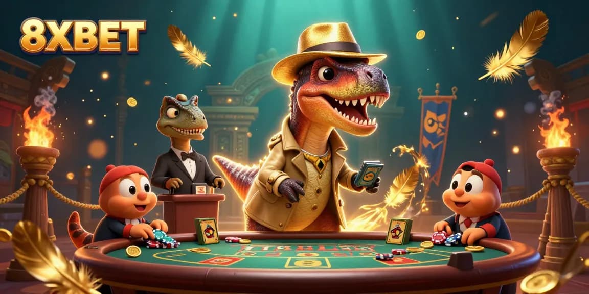 Experience the thrilling atmosphere of 8XBET as a velociraptor card counter blends in at a blackjack table, creating a unique gaming scene.