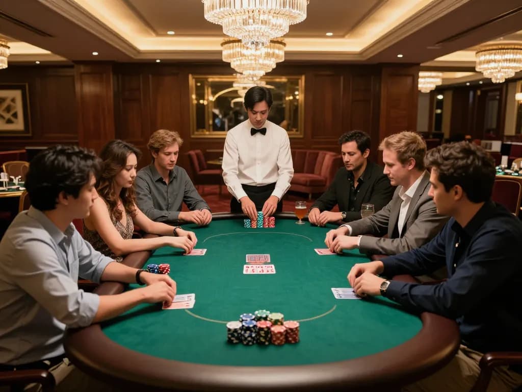 Players engaging in strategic poker gameplay at MMOO, showcasing colorful chips and stylish casino ambiance.
