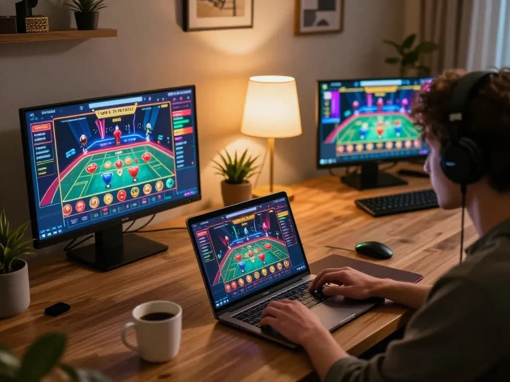 Engaging in online casino gaming at home with nk88, featuring multiple screens and lively atmosphere