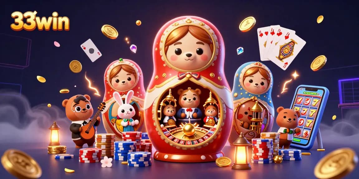 Engage in thrilling gameplay with 33win's captivating casino illustration filled with dynamic gaming elements.