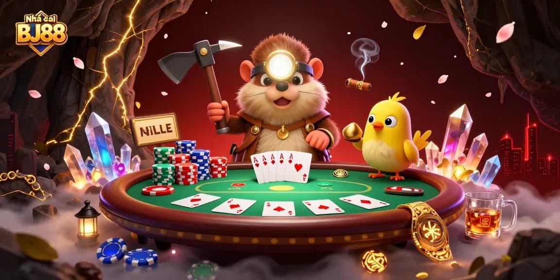 Experience the thrill of winning at Nhà cái BJ88 with vibrant poker dynamics and treasure-hunting characters.
