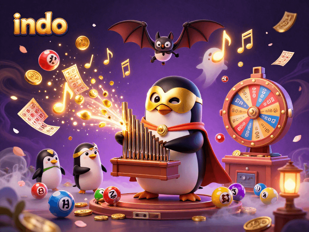 Indo game illustration with a phantom penguin, golden coins, and festive game elements