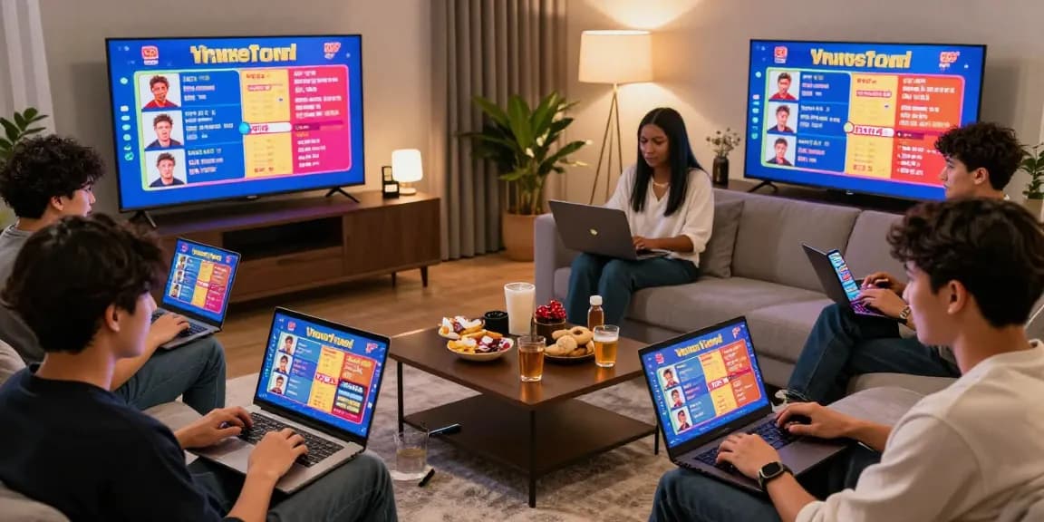 Players enjoying togel online gaming on multiple devices in a vibrant living room setting.