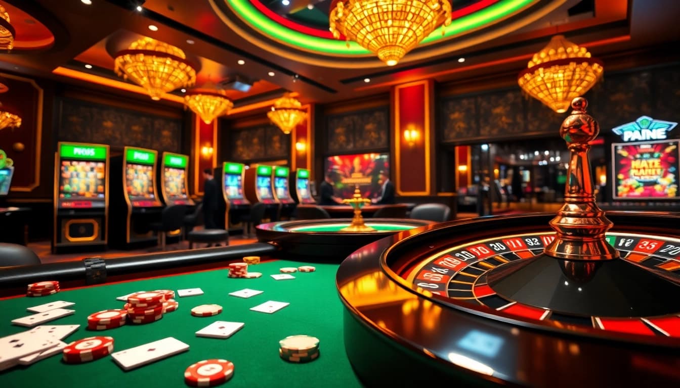 Exciting gambling scene emphasizing nhà cái xx88 with tables, cards, and slots in vibrant casino atmosphere.