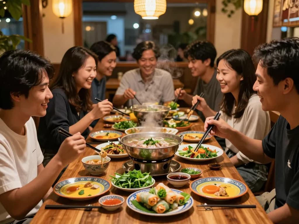 A lively dining experience sharing traditional dishes from https://www.saigoncafesterling.com/menus in a warm Vietnamese restaurant.