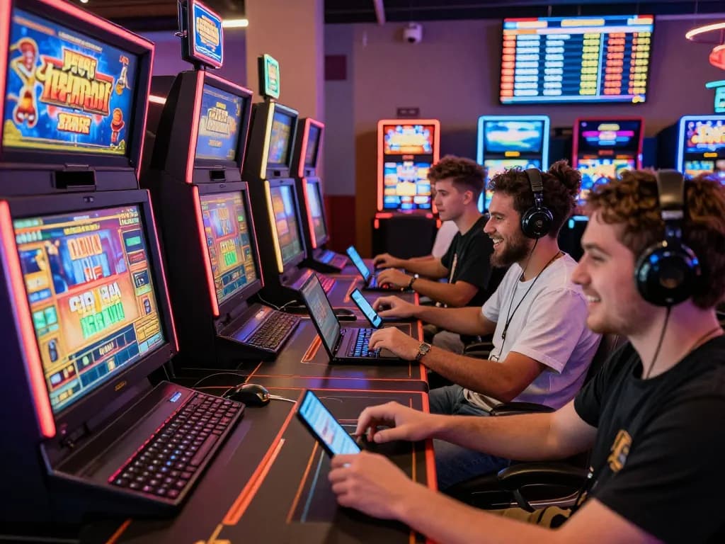 Pemain yang bersemangat terlibat dengan mesin slot online Danamax777 daftar di suasana kasino yang meriah.