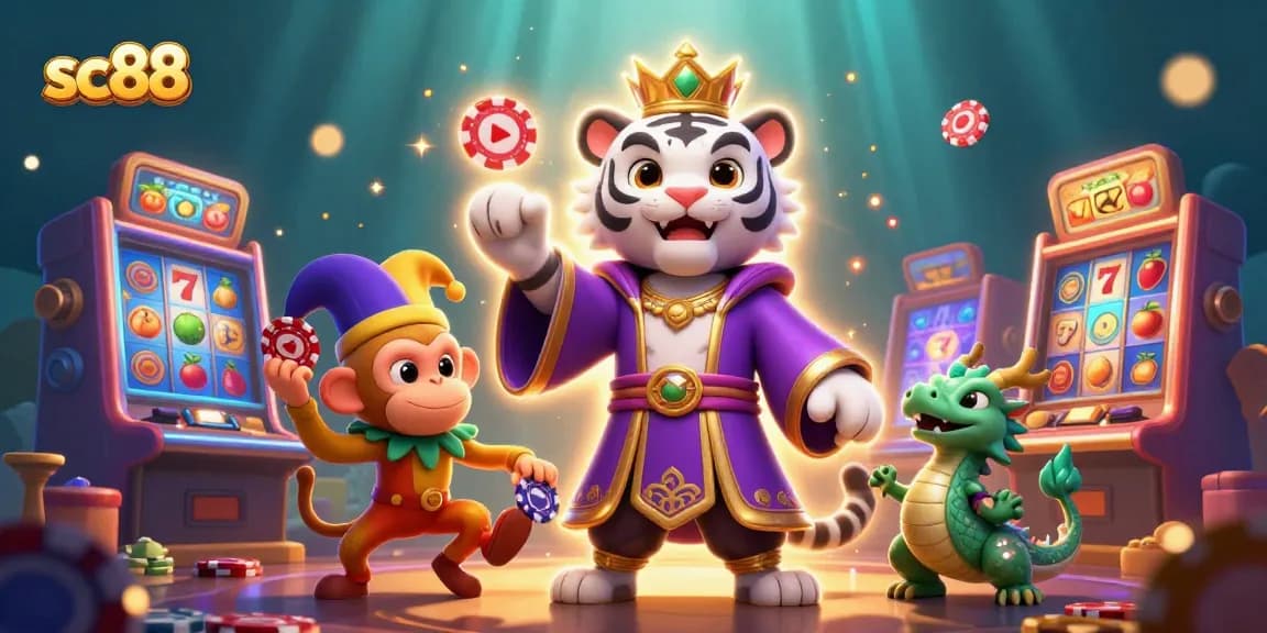 Score big with SC88 at the casino, featuring vibrant characters and gaming action.