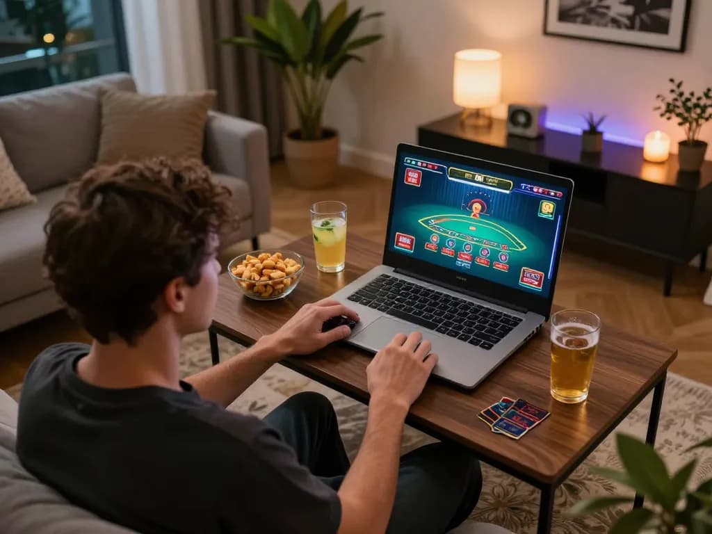 Engaged player at non gamstop casinos using laptop for live dealer blackjack game
