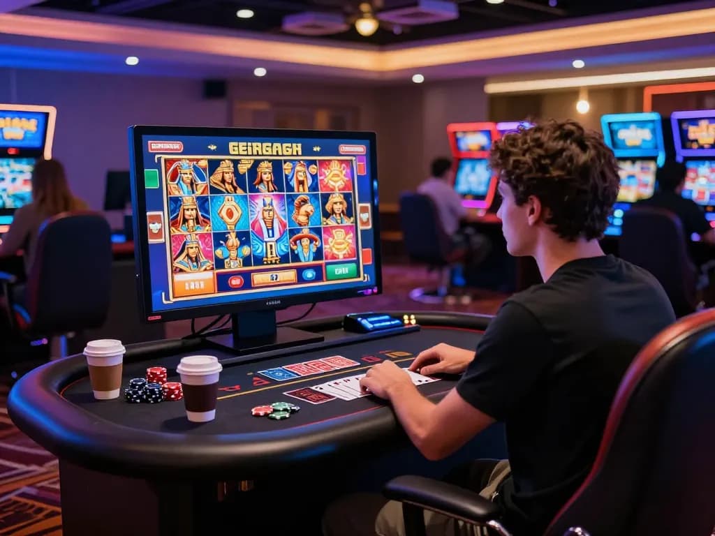 Engaged player on https://kuwincom.net/ enjoying immersive online gambling experience in a vibrant virtual casino.