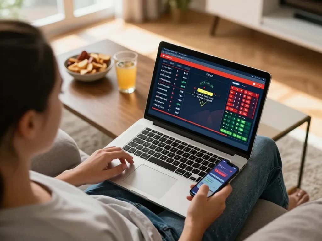 Person engaging in sports betting on TG88 website using laptop and smartphone at home.