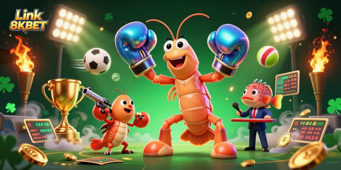 Experience thrilling gaming action at Link 8KBET with dynamic characters and sports elements in this vibrant illustration.