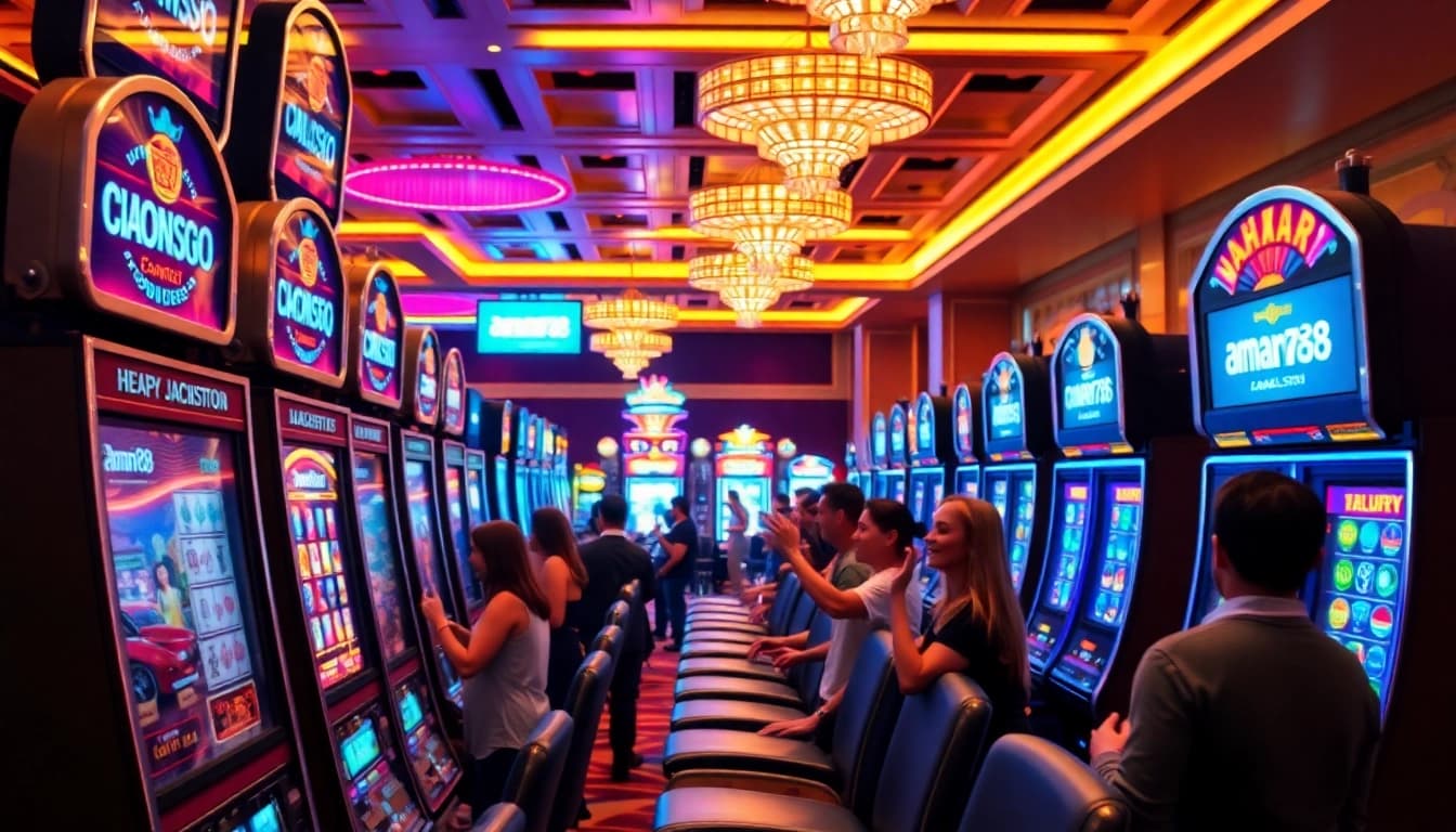 Pemain menang di slot online aman788 dalam suasana kasino yang semarak.