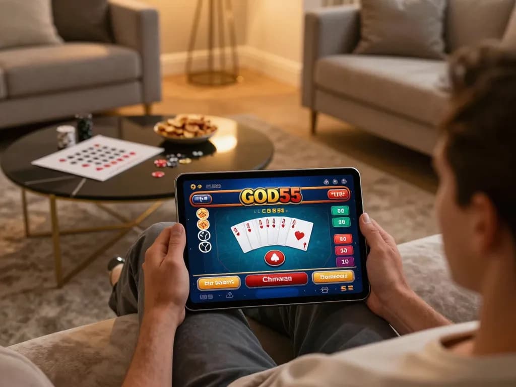 Engaging in God55 casino gameplay on a tablet, showcasing a vibrant poker interface in a cozy home setting.