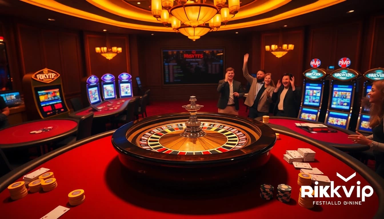 Rikvip players enjoying a vibrant casino experience with roulette, poker tables, and slot machines.