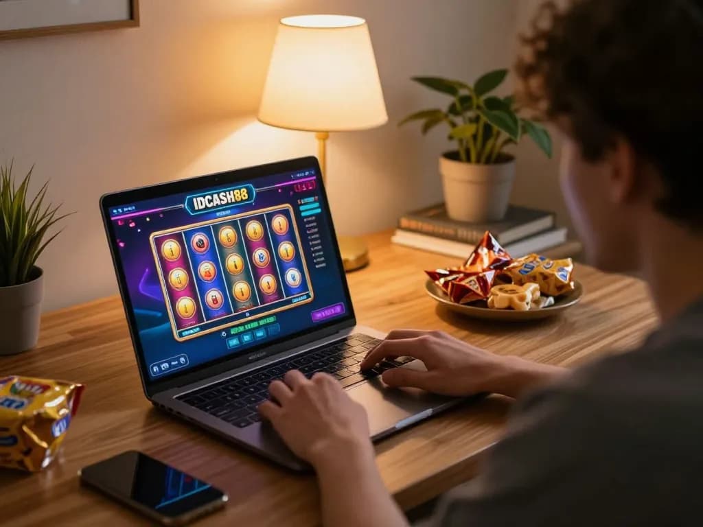 IDCASH88 player enjoying vibrant online slots on their laptop at home, showcasing an interactive gaming experience.